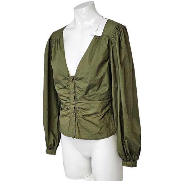Lovers & Friends  Button Front V-Neck Puff Sleeve Top Green Size Small - Picture 2 of 9